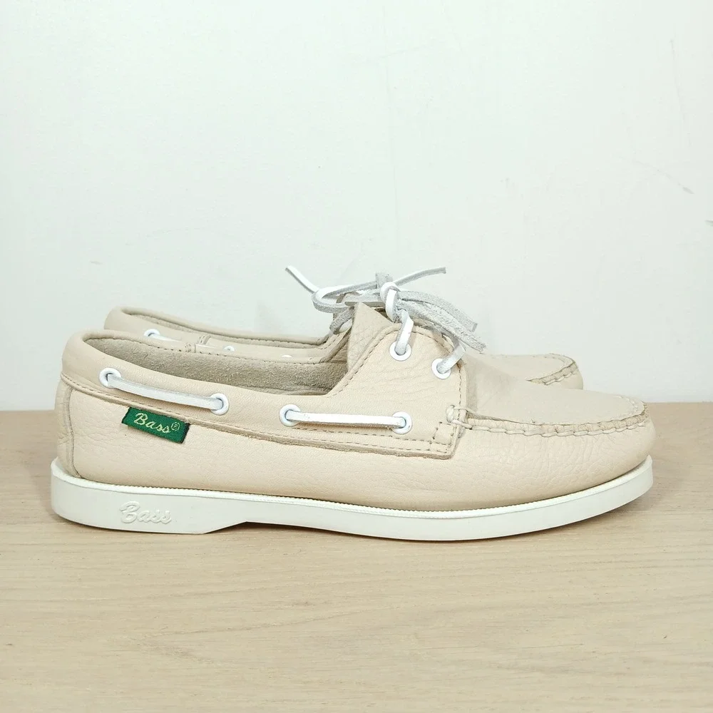 Bass Boaters Leather Boat Shoes Mens 7.5M Cream Leather Preppy Coastal Classic